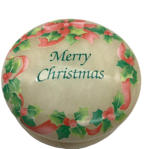 Genuine Alabaster Merry Christmas Hand Carved Trinket Jewelry Box Holly Border - Picture 5 of 10